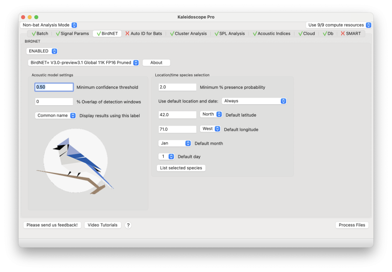 A software interface for bird analysis, featuring settings for confidence thresholds, location, and species selection.