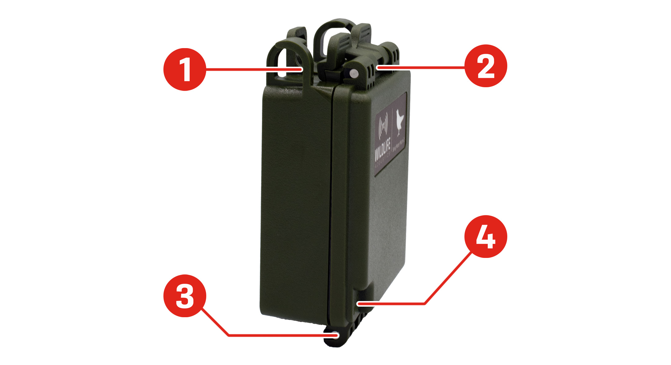 Song Meter Micro 2 shown from the front-left with the lid closed. Locations of features are highlighted. The Enclosure Latch is located on the top edge of the recorder. One of two Mounting Loops is located to the left of the Enclosure Latch. The Microphone Vent is at the lower-left corner of the front cover, above an embossed MIC label. The Enclosure Hinge is located at the lower edge of the recorder.