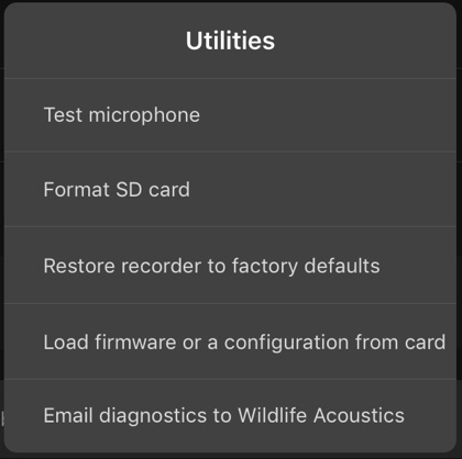 Screenshot of the Utilities menu, described in the following text.