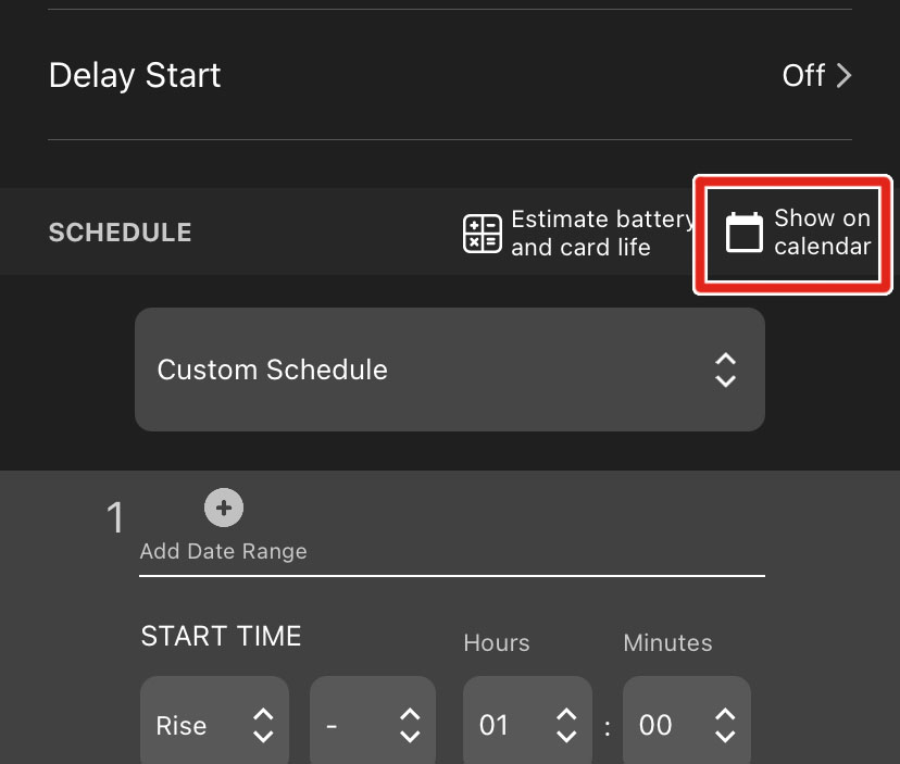 The "Show on calendar" icon is listed below the Delay Start setting, next to "Estimate battery and card life."