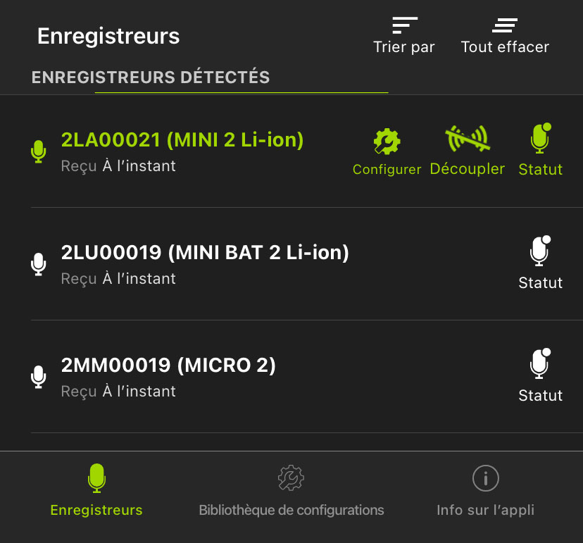 Capture d’écran de l’écran Enregistreurs. Les éléments de l’interface utilisateur sont décrits dans le texte ci-dessous.