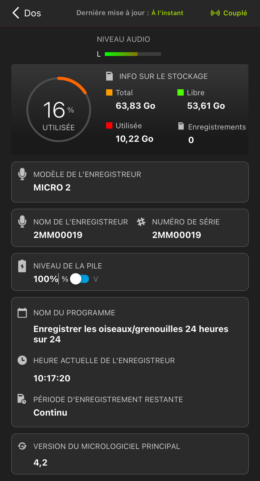 Capture d’écran de l’écran État. Les éléments de l’interface utilisateur sont décrits dans le texte ci-dessous.