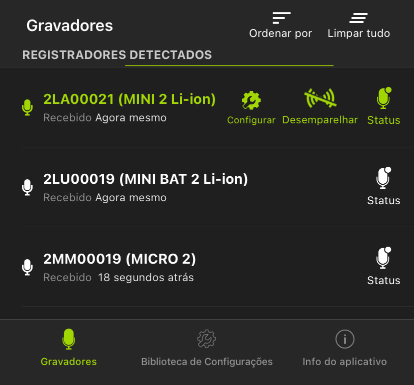 Captura de tela da tela Recorders (Gravadores). Os elementos da interface do usuário estão descritos no texto abaixo.