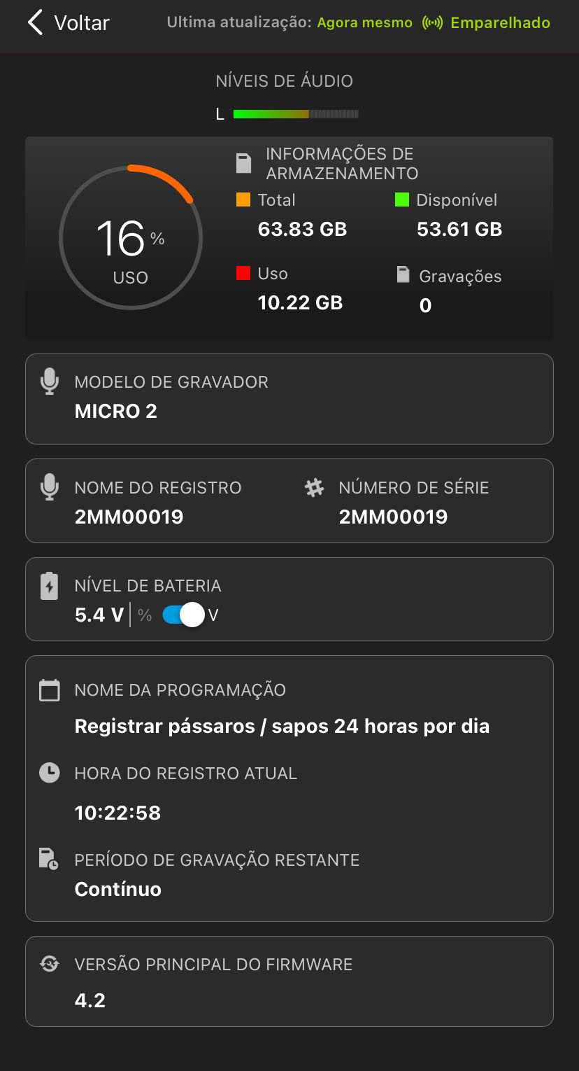 Captura de tela da tela Status. Os elementos da interface do usuário estão descritos no texto abaixo.