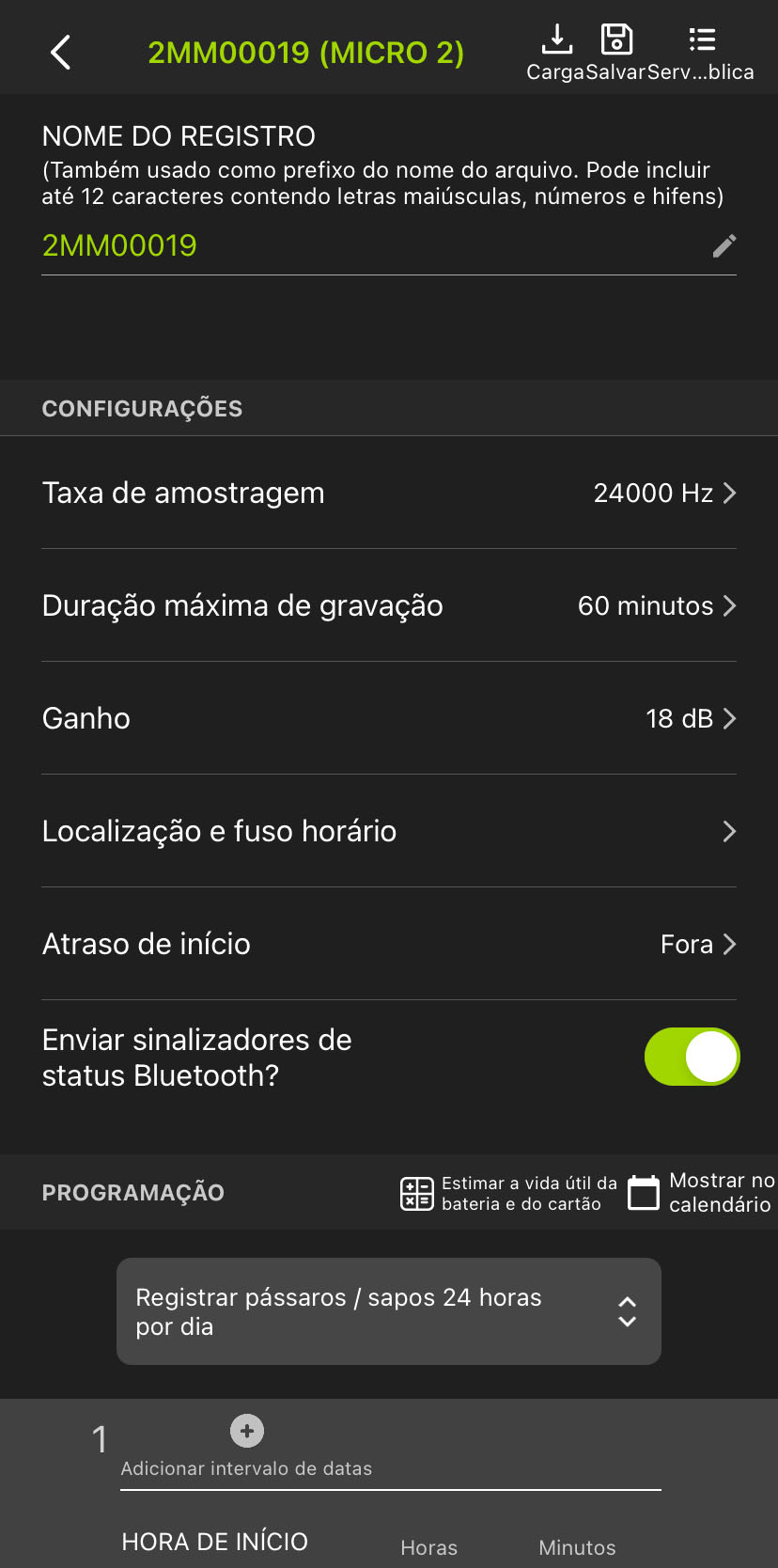 Captura de tela do Editor de Configurações de um gravador emparelhado.