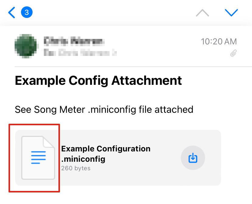 在 iOS 邮件应用程序中,电子邮件正文下方显示文件附件“Example Configuration.miniconfig”。