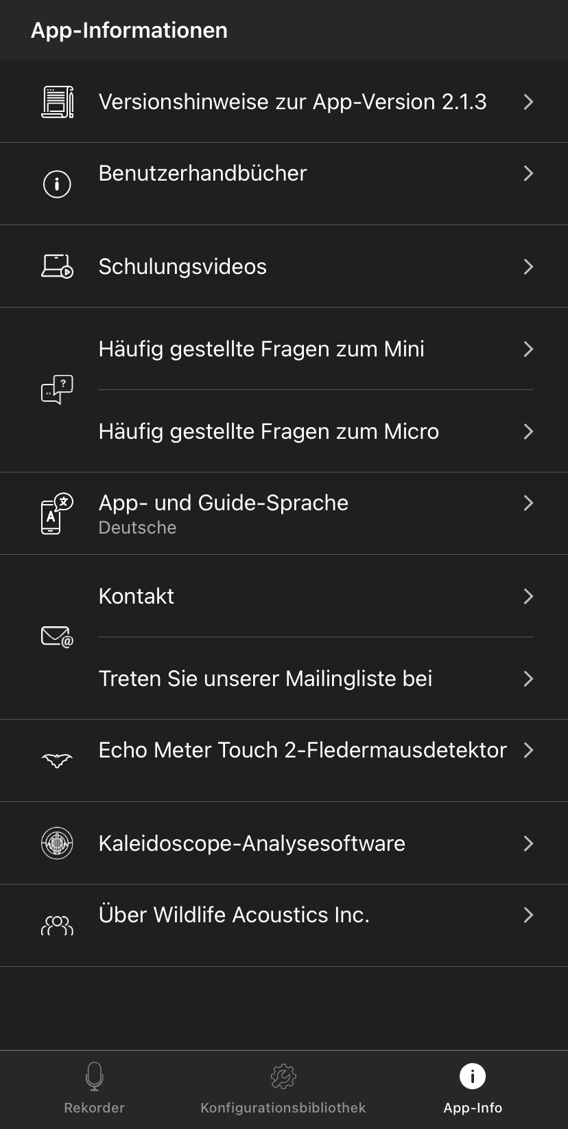 Screenshot des Bildschirms „App-Info“. Eine vollständige Beschreibung finden Sie im folgenden Text.