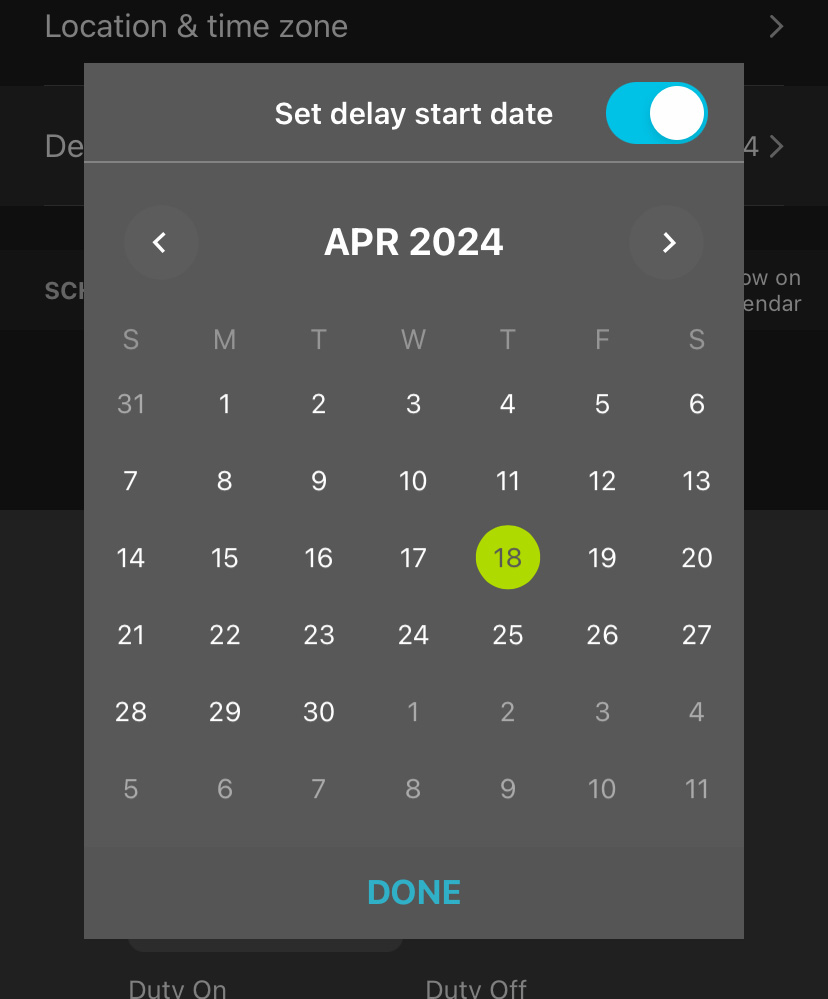 At the top of the calendar interface is a toggle to enable or disable the Delay Start feature. The calendar displays one month at a time, with left and right arrows on either side of the month and year label. Each week of the calendar is laid out from Sunday to Saturday. A "DONE" button is located at the bottom of the window.