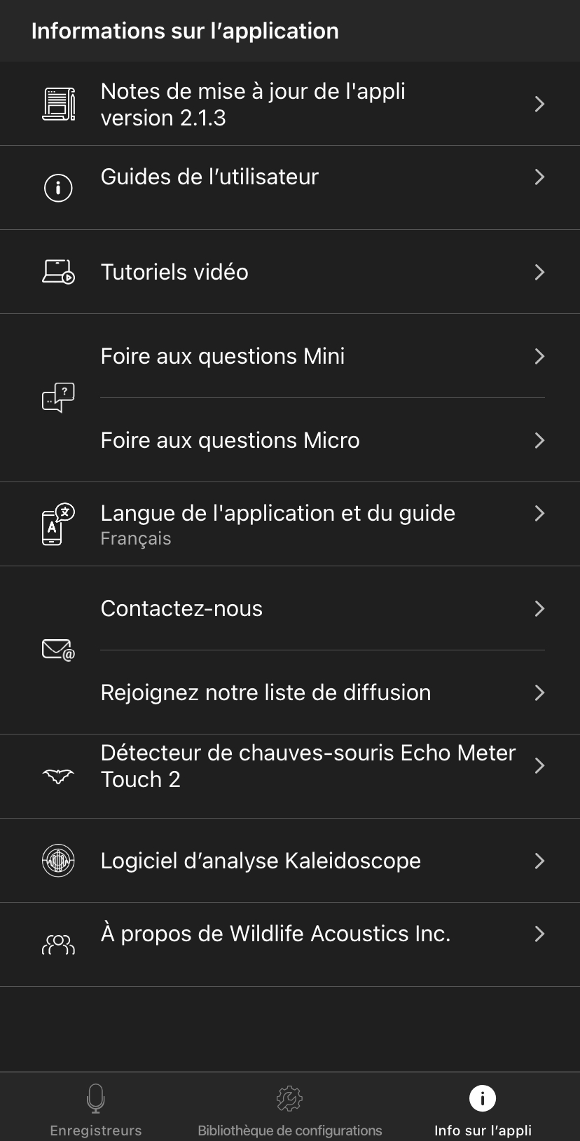 Capture d’écran de l’écran Informations sur l’application. Voir le texte suivant pour une description complète.