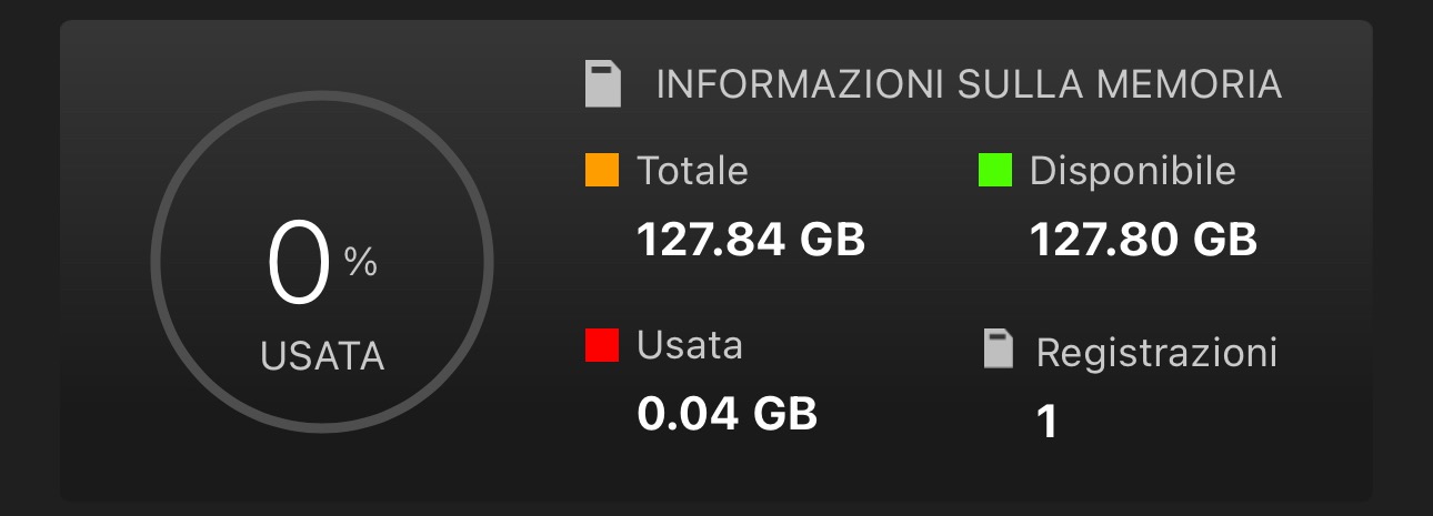 Il pannello Informazioni sulla memoria si trova sotto il pannello del livello del microfono.