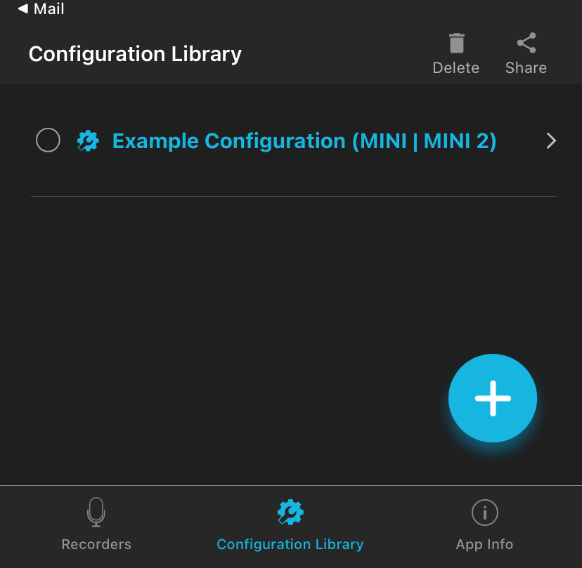 Screenshot der Konfigurationsbibliothek mit „Example Configuration (MINI | MINI 2)“ in der Liste.