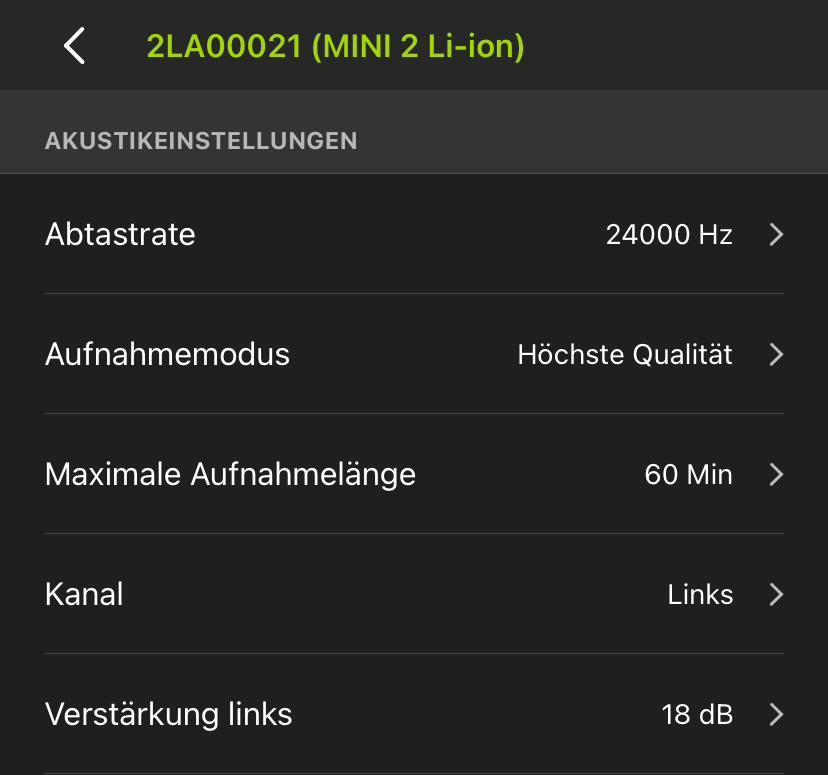 Screenshot des Bildschirms „Akustikeinstellungen“. Die verfügbaren Optionen sind im nachstehenden Text beschrieben.