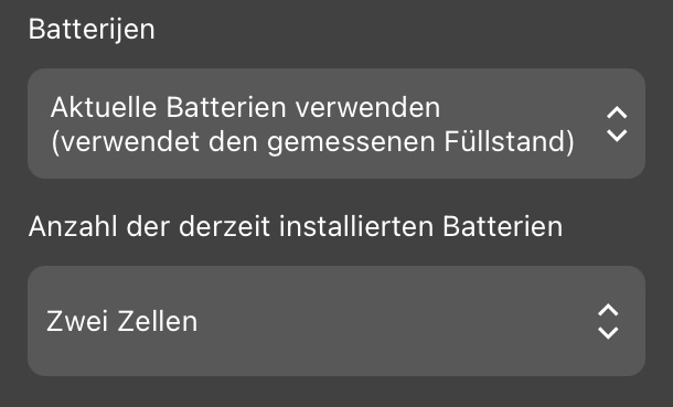 Wenn das Dropdown-Menü Batterien auf „Aktuelle Batterien verwenden (verwendet gemessenen Ladezustand)“ eingestellt ist, wird diese Einstellung als neues Dropdown-Menü angezeigt.