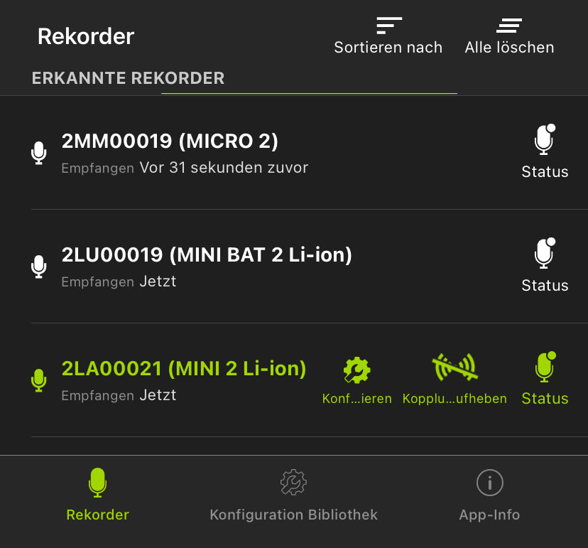 Screenshot des Rekorder-Bildschirms. Elemente der Benutzeroberfläche werden im folgenden Text beschrieben.