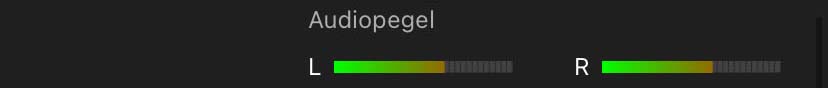 Die Audiopegel für das linke und das rechte Mikrofon werden durch zwei Pegelanzeigen unter der obersten Infoleiste dargestellt.