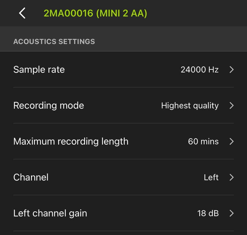 Screenshot of Acoustic Settings Screen. Available options are described in following text.