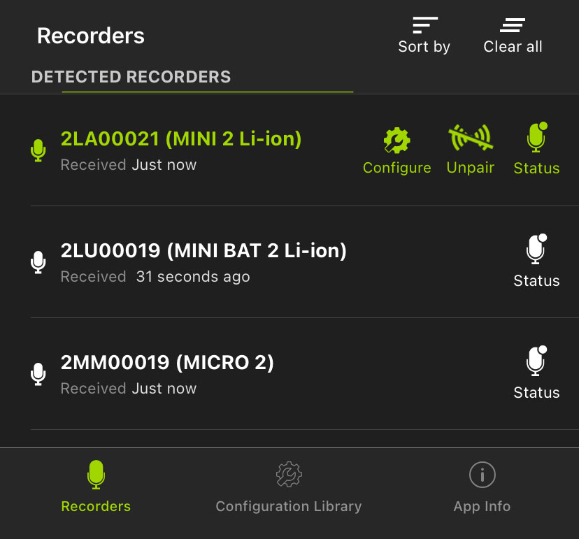 Screenshot of the Recorders screen. User Interface elements are described in the text below.