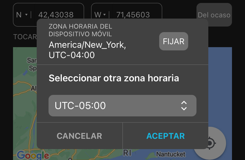 Al pulsar Select Time Zone (Seleccionar huso horario), una nueva ventana muestra "Mobile Device's Timezone" (Huso horario del dispositivo móvil) junto al botón Set (Establecer). Un menú desplegable con la etiqueta "Select other time zone" (Seleccionar otro huso horario) le permite seleccionar manualmente un huso horario diferente.