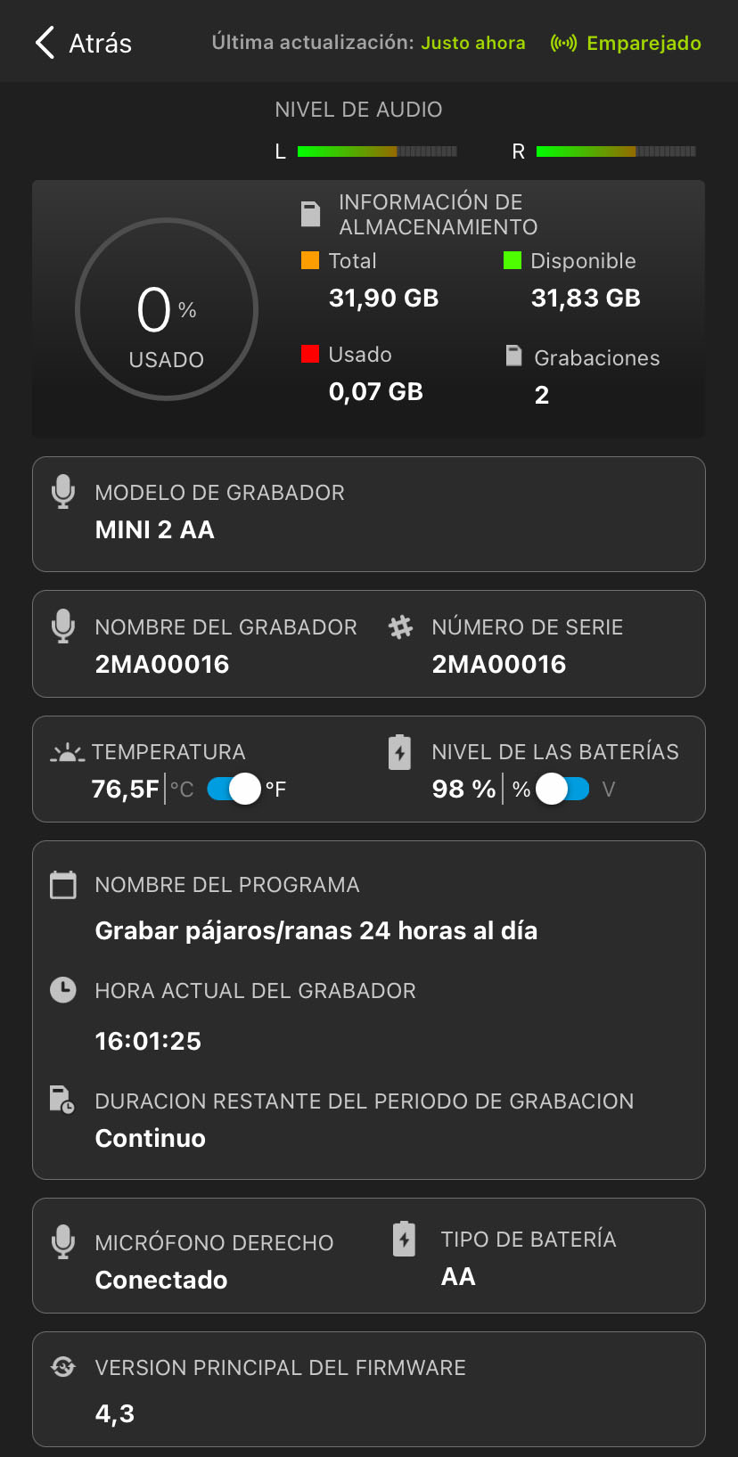 Captura de la pantalla de estado. En el texto siguiente se describen los elementos de la interfaz de usuario: