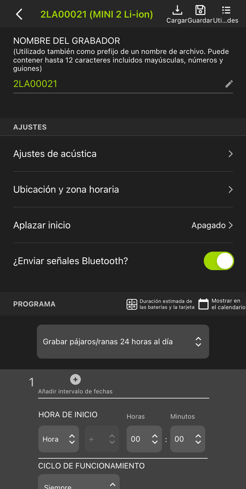 Captura de la pantalla del editor de configuración de un grabador emparejado.