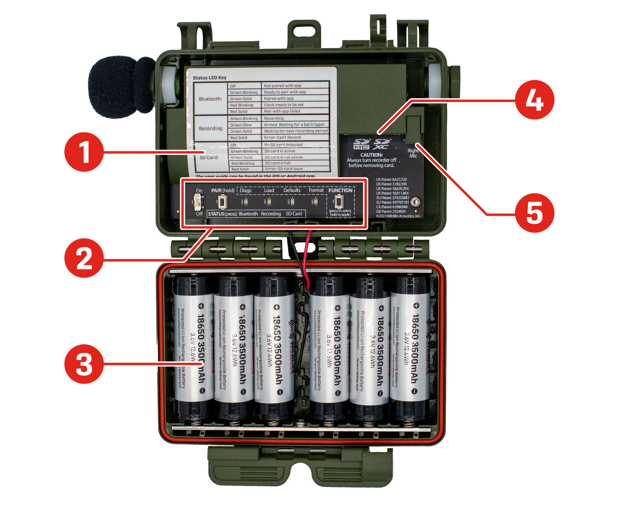 Song Meter Mini 2 présenté avec le boîtier ouvert et posé à plat, les composants internes faisant face au spectateur. L’emplacement des principales caractéristiques est indiqué : la légende des LED d’état est un autocollant imprimé recouvrant une grande partie de la partie supérieure gauche du compartiment supérieur. Le panneau de commande, une rangée horizontale composée d’un interrupteur, des boutons et des LED, est situé le long du bord inférieur du compartiment supérieur. Le compartiment pour piles occupe la totalité du compartiment inférieur, illustré ici avec six batteries Lithium-ion installées. L’emplacement pour carte SD est situé dans la partie supérieure droite du compartiment supérieur, protégé par un revêtement en plastique et dont l’ouverture est orientée vers le bas. Le connecteur du microphone droit se trouve juste à droite de l’emplacement pour carte SD et son ouverture est orientée vers le bas.