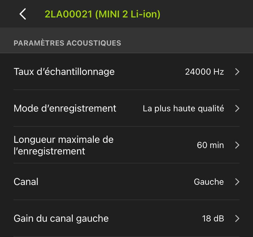 Capture d’écran de l’écran Paramètres acoustiques. Les options disponibles sont décrites dans le texte suivant.