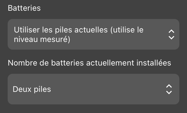 Lorsque le menu déroulant Batteries est réglé sur « Utiliser les batteries actuelles (utilise le niveau mesuré) », ce paramètre apparaît sous la forme d’une nouvelle liste déroulante.
