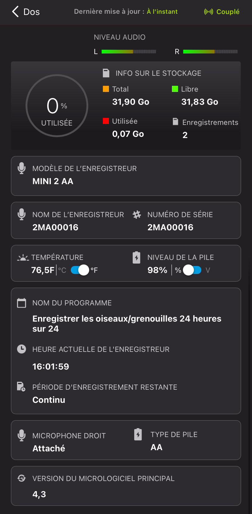 Capture d’écran de l’écran État. Les éléments de l’interface utilisateur sont décrits dans le texte ci-dessous.