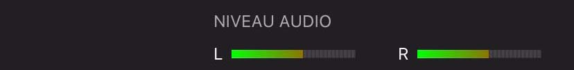 Le niveau audio des microphones gauche et droit est indiqué par deux indicateurs de niveau visuel situés en dessous de la barre d’informations supérieure.