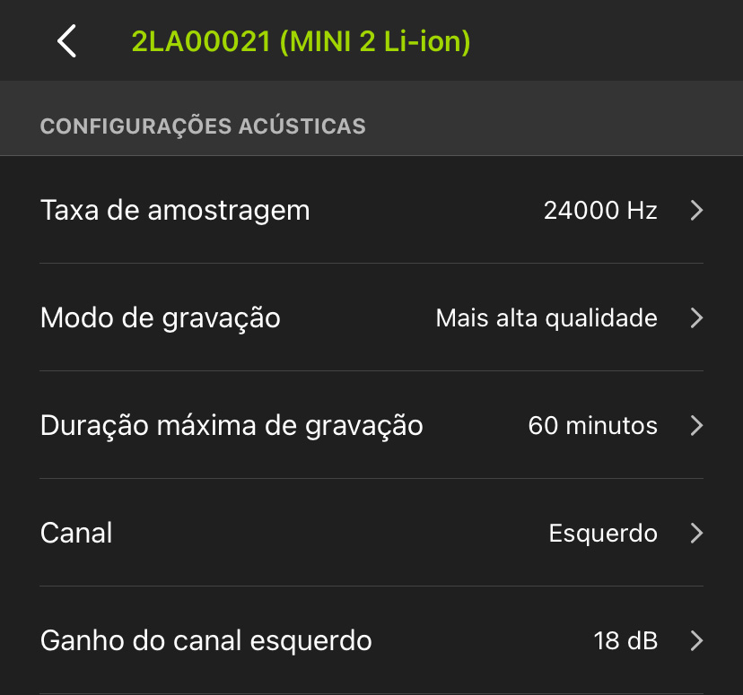 Captura de tela da tela configurações acústicas. As opções disponíveis estão descritas no texto a seguir.