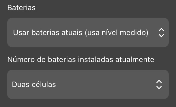 Quando o menu suspenso Baterias está definido como "Use Current Batteries (uses measured level)" (Usar baterias atuais - usa o nível medido), essa configuração aparece como um novo menu suspenso.
