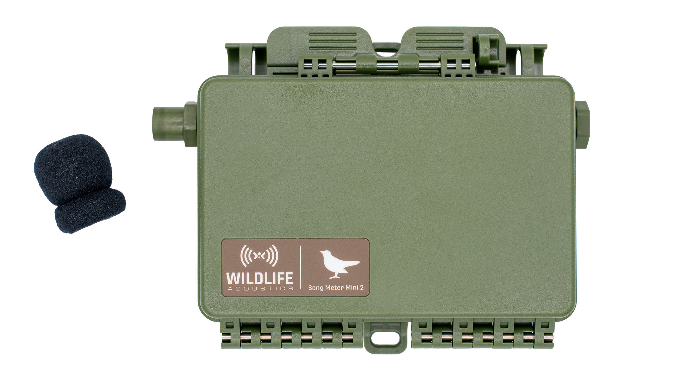 Um Song Meter Mini 2 com apenas um microfone esquerdo. A espuma contra vento foi removida, expondo um cilindro de plástico que abriga o microfone.