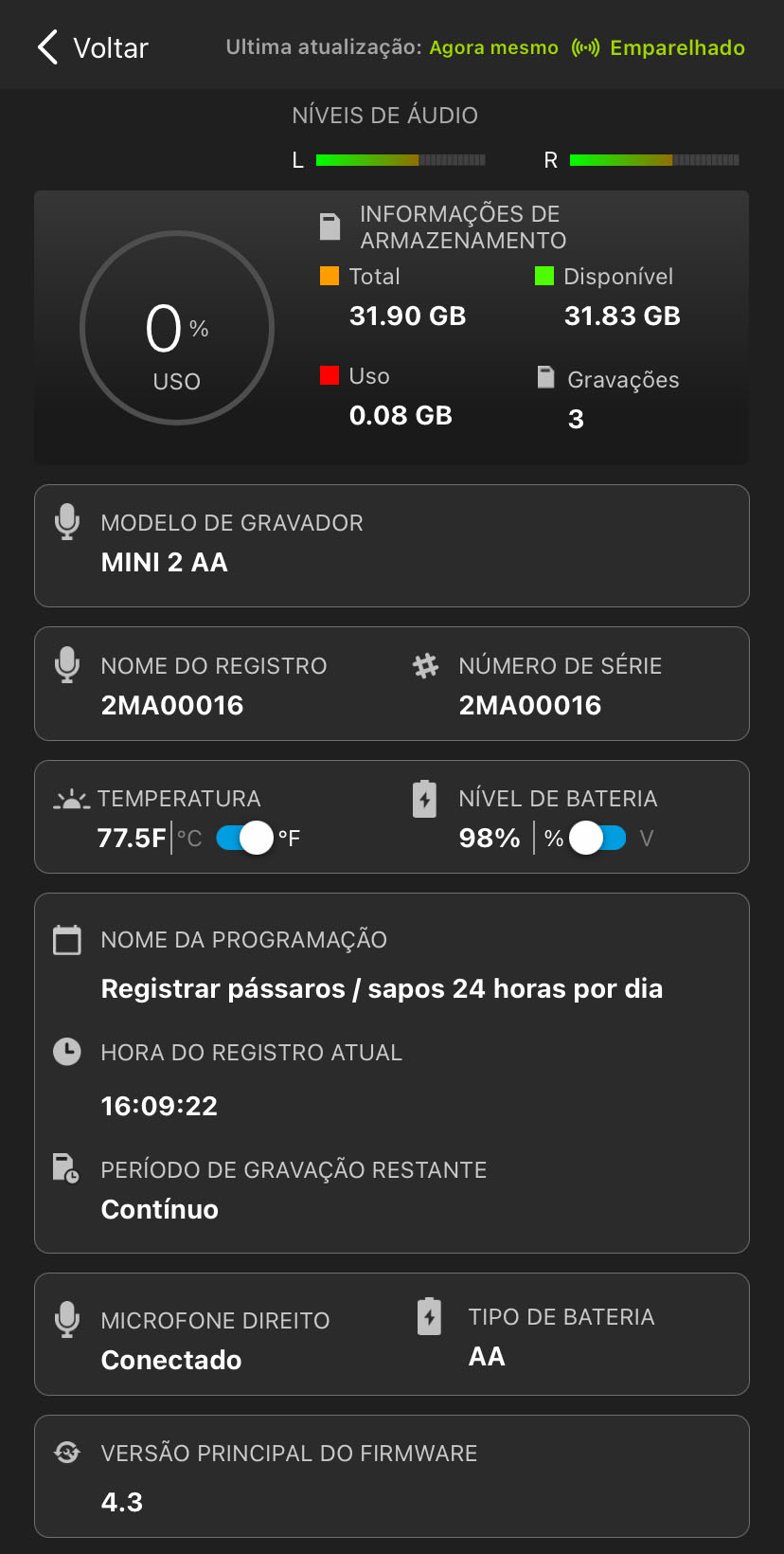 Captura de tela da tela Status. Os elementos da interface do usuário estão descritos no texto abaixo.