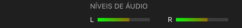 O nível de áudio dos microfones esquerdo e direito é indicado por dois medidores de nível visual abaixo da barra de informações superior.