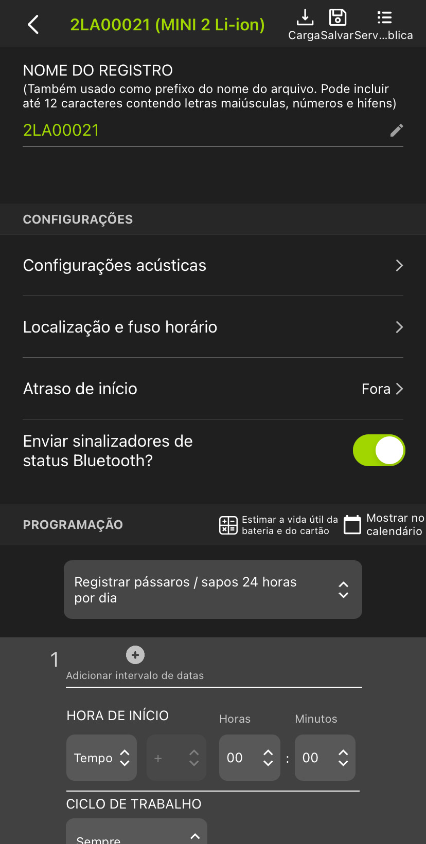 Captura de tela do Editor de Configurações de um gravador emparelhado.