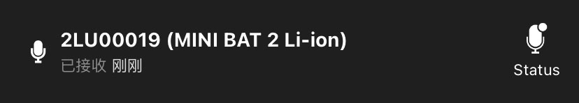 示例:"2LA00021 (MINI 2 Li-ion)。已收到:刚刚。” 状态图标显示在最右边。