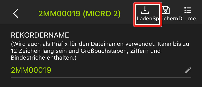 Das Symbol „Laden“ befindet sich links neben den Symbolen „Speichern“ und „Dienstprogramme“.