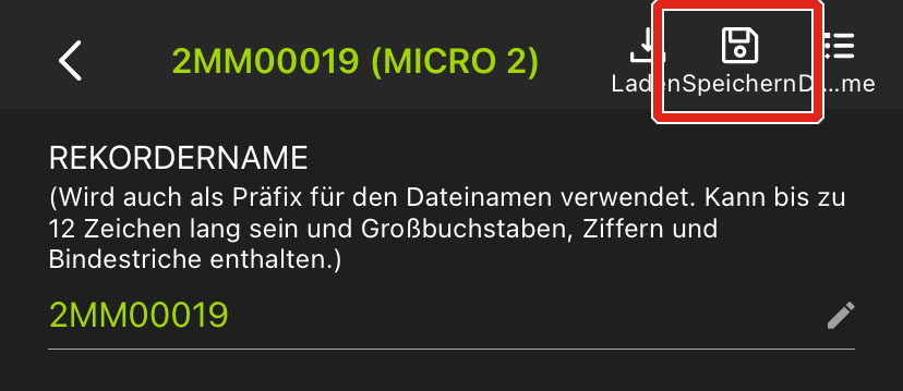 Das Symbol „Speichern“ befindet sich zwischen den Symbolen „Laden“ und „Dienstprogramme“.