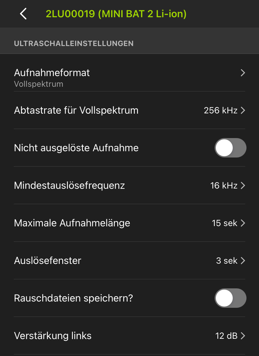 Screenshot der Seite ULTRASCHALLEINSTELLUNGEN. Die Einstellungen werden im Folgenden beschrieben.