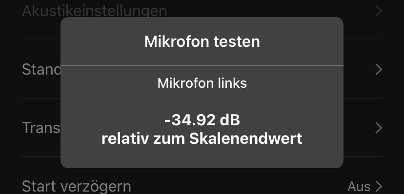 Im Fenster „Mikrofon testen“ wird ein Pegelwert für das Ultraschallmikrofon als negativer Dezibelwert (dB) angezeigt.