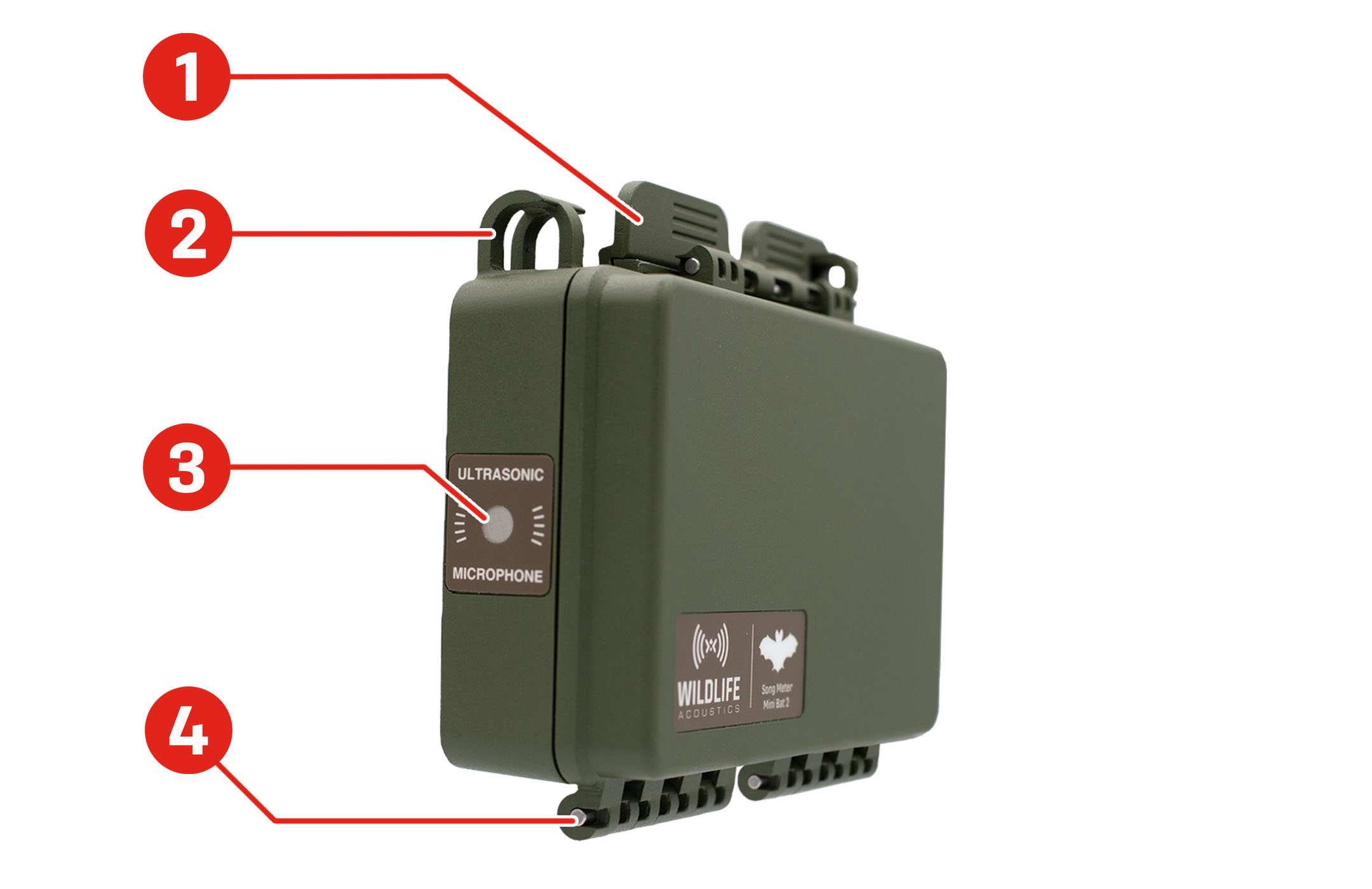 Song Meter Mini Bat 2 shown from the front-left with the lid closed. Locations of features are highlighted. The Enclosure Latch is located on the top edge of the recorder. One of two Mounting Loops is located to the left of the Enclosure Latch. The Ultrasonic Microphone is installed flush with the left edge of the recorder. The Enclosure Hinge is located at the lower edge of the recorder.