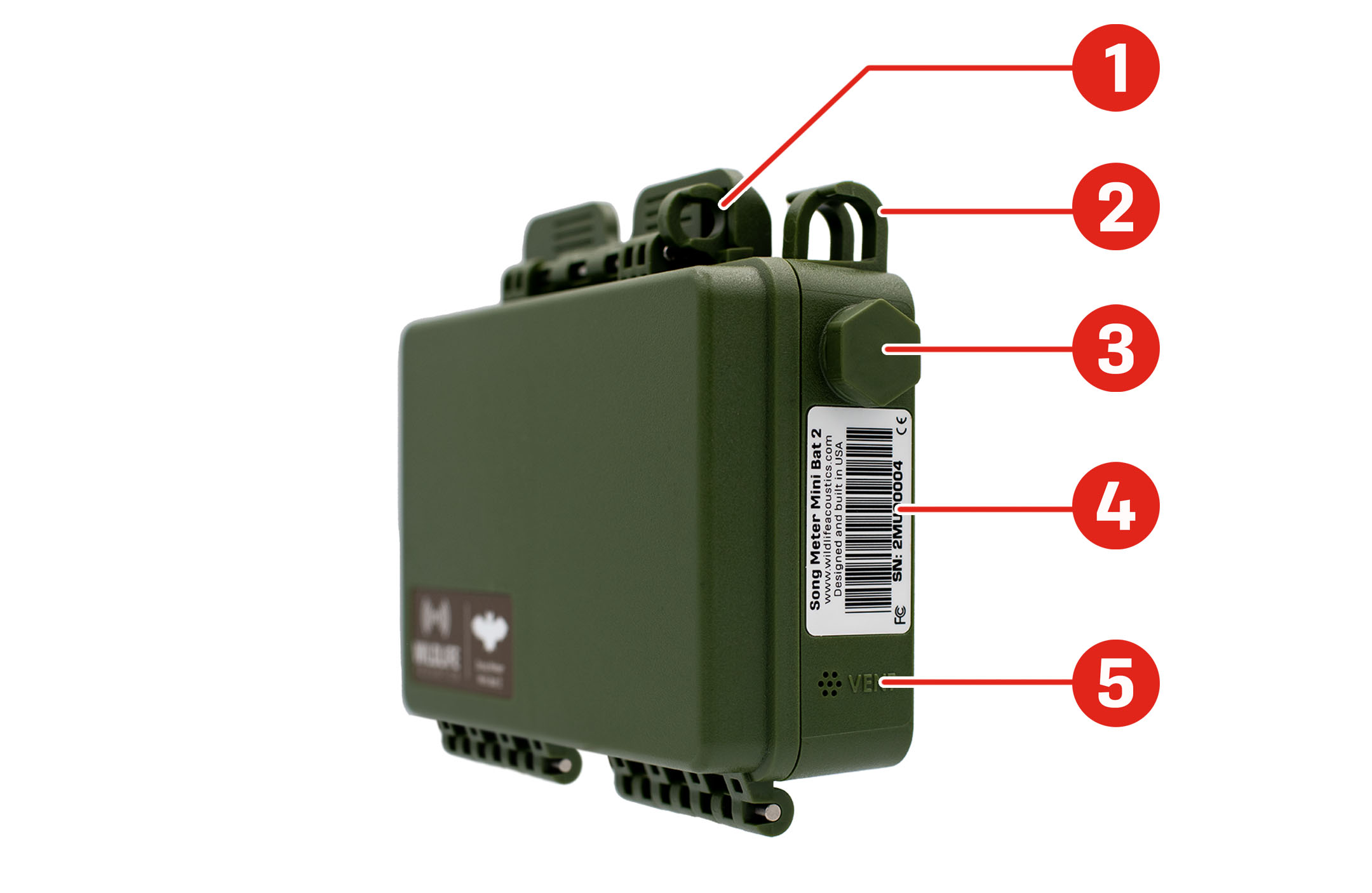 Song Meter Mini Bat 2 shown from the front-right with the lid closed. Locations of features are highlighted. The Padlock Loop is located at the top edge of the recorder, at the right end of the Enclosure Latch. One of two Mounting Loops is located to the right of the Enclosure Latch and Padlock Loop. The second Microphone Port, occupied by a hex bolt, is located at the top of the right edge. A barcode label is below the Microphone Port. Perforations for the Humidity Vent are located at the bottom of the right edge, next to an embossed "VENT" label.