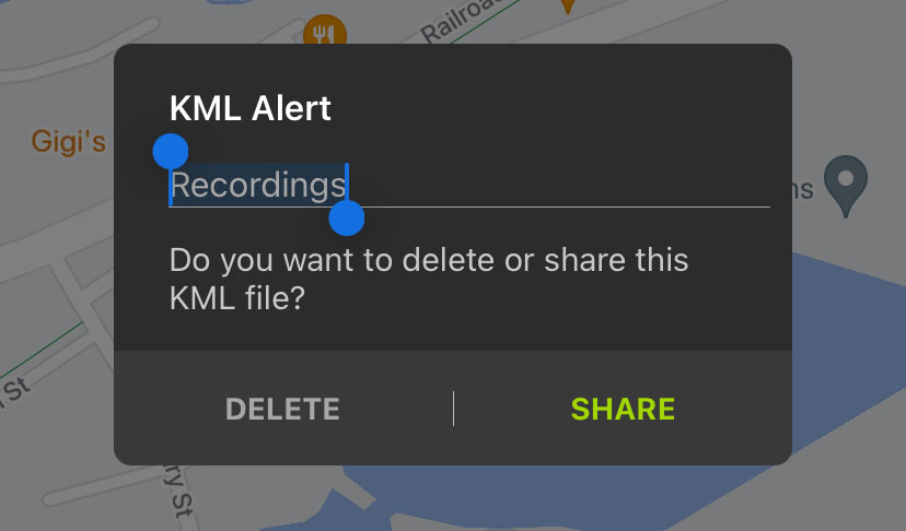 "KML Alert" dialog: An editable text field shows the default KML file name, "Recordings." Below, a message reads "Do you want to delete or share this KML file?" At the bottom of the dialog box are DELETE and SHARE buttons.