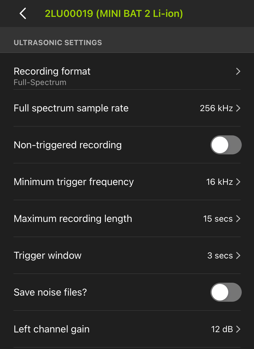 Screenshot of the ULTRASONIC SETTINGS page. The settings are described below.