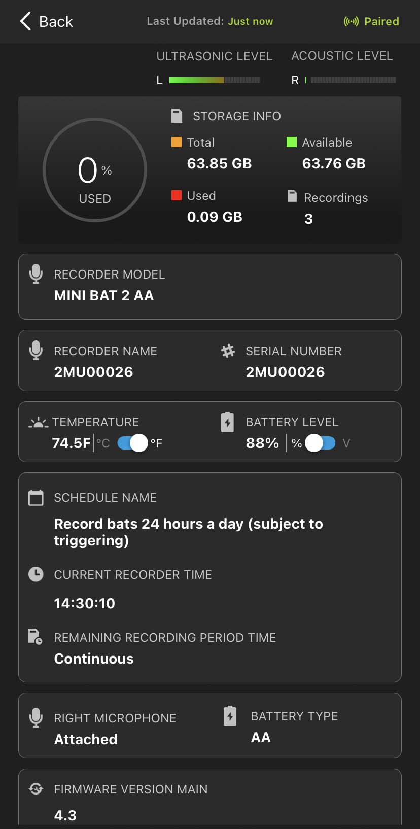 Screenshot of the Status screen. UI elements are described in the text below.