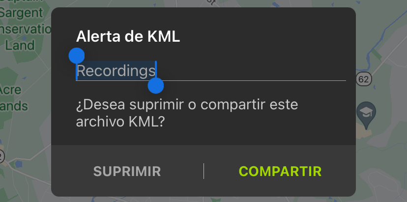 Diálogo "KML Alert" (Alerta KML): campo de texto editable que muestra el nombre predeterminado del archivo KML, "Recordings" (Grabaciones). A continuación, aparece el mensaje "Do you want to delete or share this KML File?" (¿Desea eliminar o compartir este archivo KML?) En la parte inferior del cuadro de diálogo encontrará los botones DELETE (Eliminar) y SHARE (Compartir).