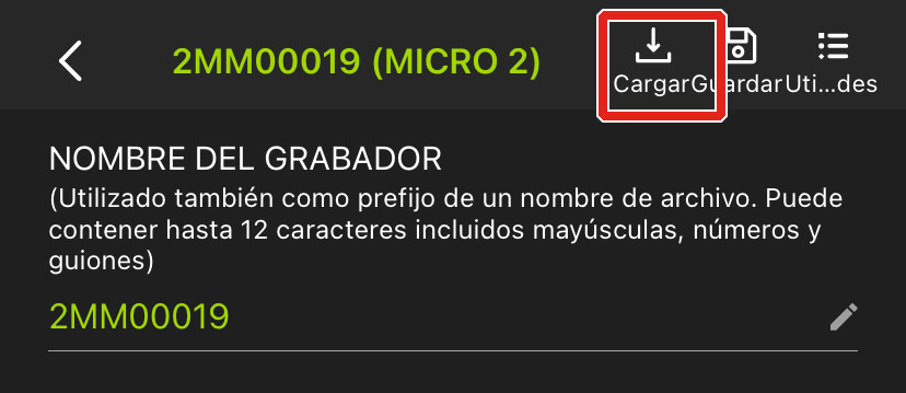 El icono Load (Cargar) se encuentra a la izquierda de los iconos Save (Guardar) y Utilities (Herramientas).