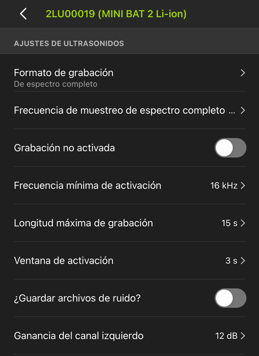 Captura de pantalla de la página ULTRASONIC SETTINGS (Ajustes de ultrasonidos). A continuación se describen los ajustes.