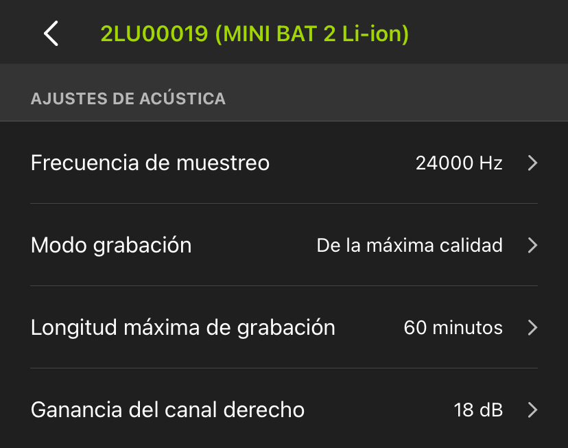 Captura de la pantalla de ajustes acústicos. Las opciones disponibles se describen en el texto siguiente.