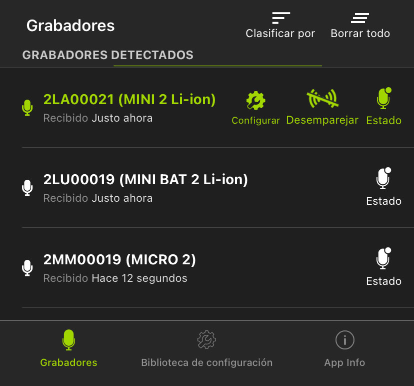 Captura de la pantalla Recorders (Grabadores). En el texto siguiente se describen los elementos de la interfaz de usuario.